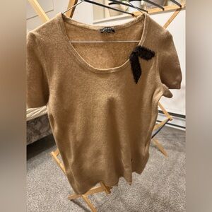 Escada Tan Short Sleeve Sweater with Black Bow